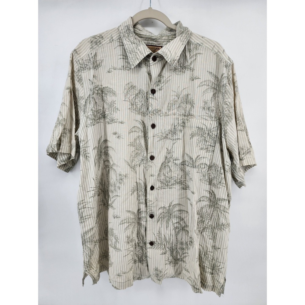 Caribbean Joe Mens Large Green White Striped Palm Tree Cotton Button Up Shirt